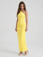 Lemon Stretch Knit Sheath One Shoulder Ankle-Length Bridesmaid Dress with Pleated Accents-1 - Curvevia