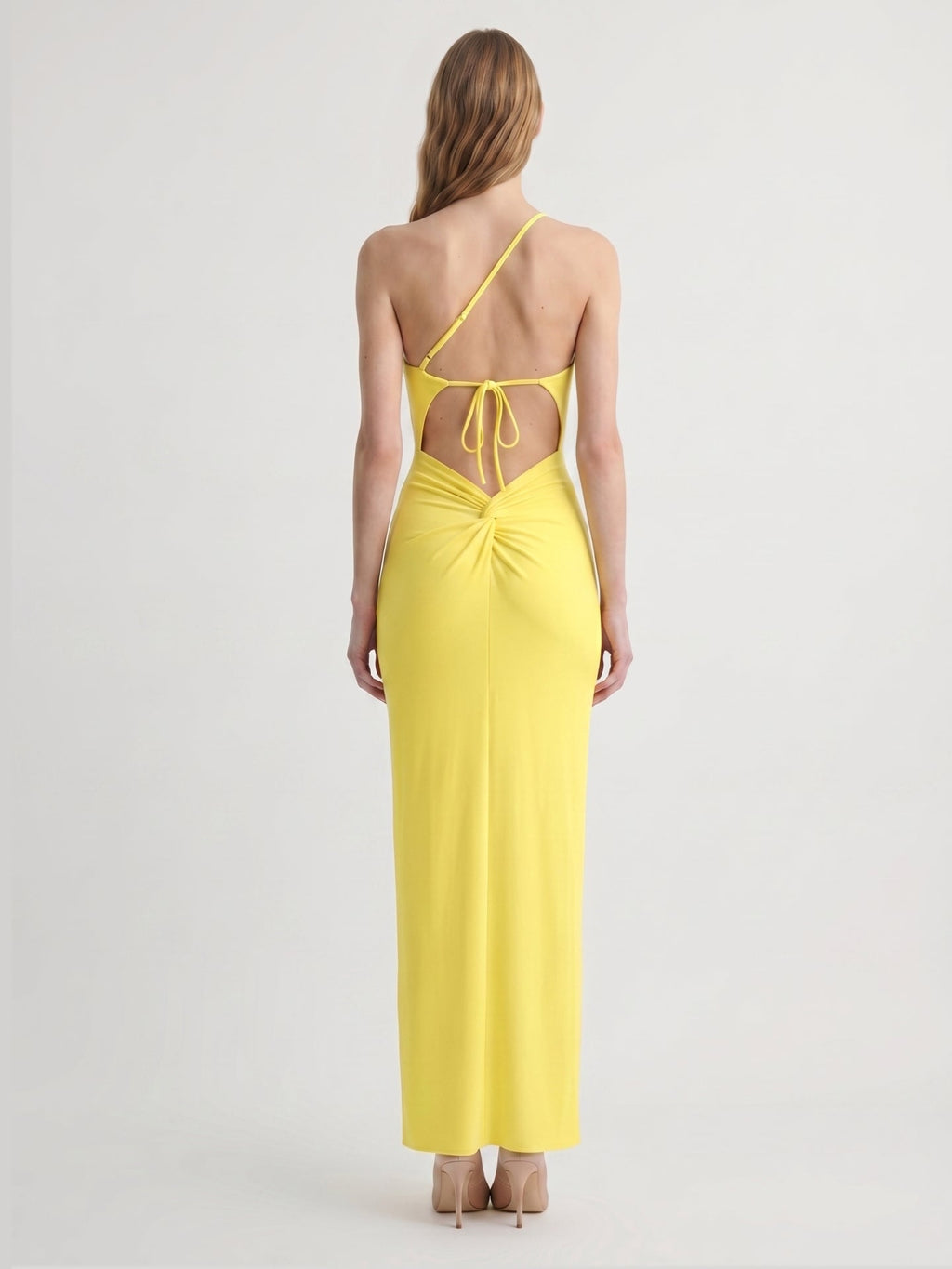 Lemon Stretch Knit Sheath One Shoulder Backless Ankle-Length Bridesmaid Dress with Pleats - Curvevia