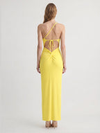 Lemon Stretch Knit Sheath One Shoulder Backless Ankle-Length Bridesmaid Dress with Pleats - Curvevia