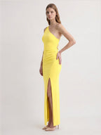 Lemon Stretch Knit Sheath One Shoulder Backless Ankle-Length Bridesmaid Dress with Pleats - Curvevia