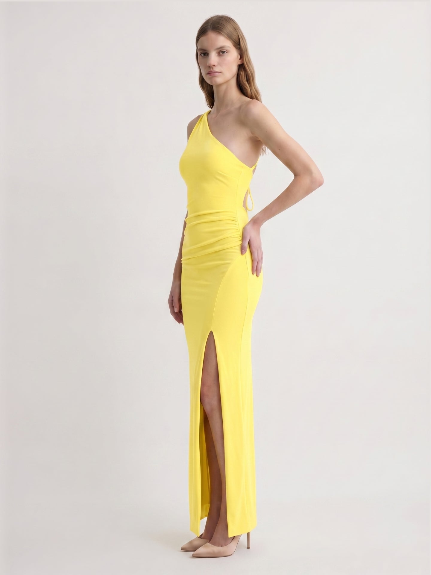 Lemon Stretch Knit Sheath One Shoulder Backless Ankle-Length Bridesmaid Dress with Pleats - Curvevia