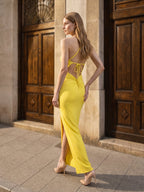 Lemon Stretch Knit Sheath One Shoulder Backless Ankle-Length Bridesmaid Dress with Pleats - Curvevia