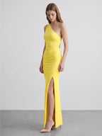Lemon Stretch Knit Sheath One Shoulder Backless Ankle-Length Bridesmaid Dress with Pleats - Curvevia