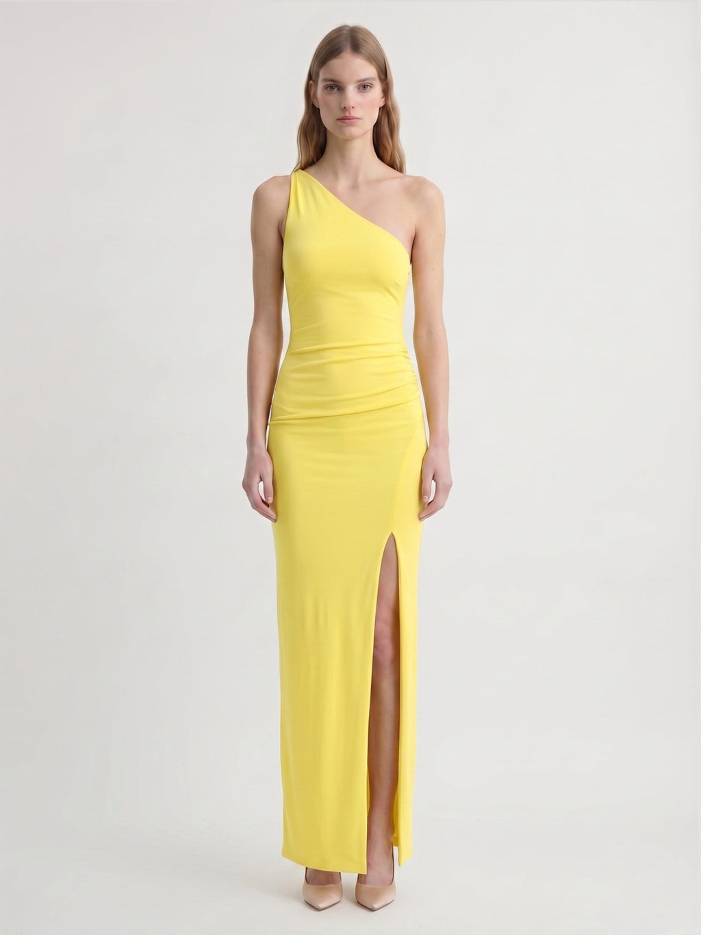 Lemon Stretch Knit Sheath One Shoulder Backless Ankle-Length Bridesmaid Dress with Pleats - Curvevia