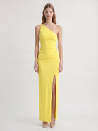 Lemon Stretch Knit Sheath One Shoulder Backless Ankle-Length Bridesmaid Dress with Pleats - Curvevia