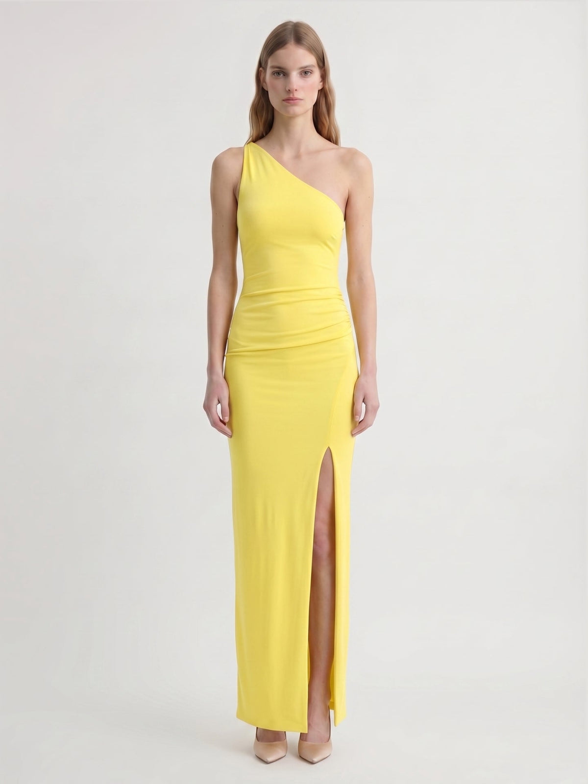 Lemon Stretch Knit Sheath One Shoulder Backless Ankle-Length Bridesmaid Dress with Pleats - Curvevia