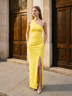 Lemon Stretch Knit Sheath One Shoulder Backless Ankle-Length Bridesmaid Dress with Pleats - Curvevia