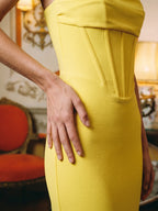 Lemon Stretch Knit Sheath Square Neck Corset Back Floor Bridesmaid Dress with Pleats - Curvevia