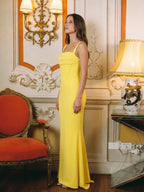 Lemon Stretch Knit Sheath Square Neck Corset Back Floor Bridesmaid Dress with Pleats - Curvevia