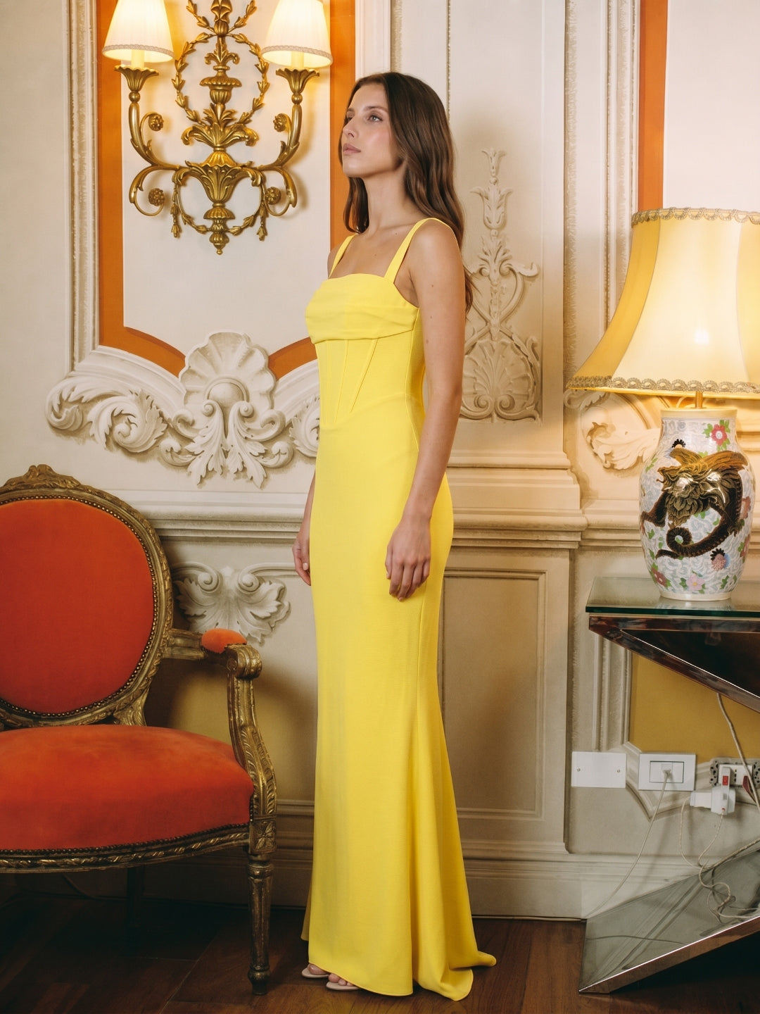 Lemon Stretch Knit Sheath Square Neck Corset Back Floor Bridesmaid Dress with Pleats - Curvevia