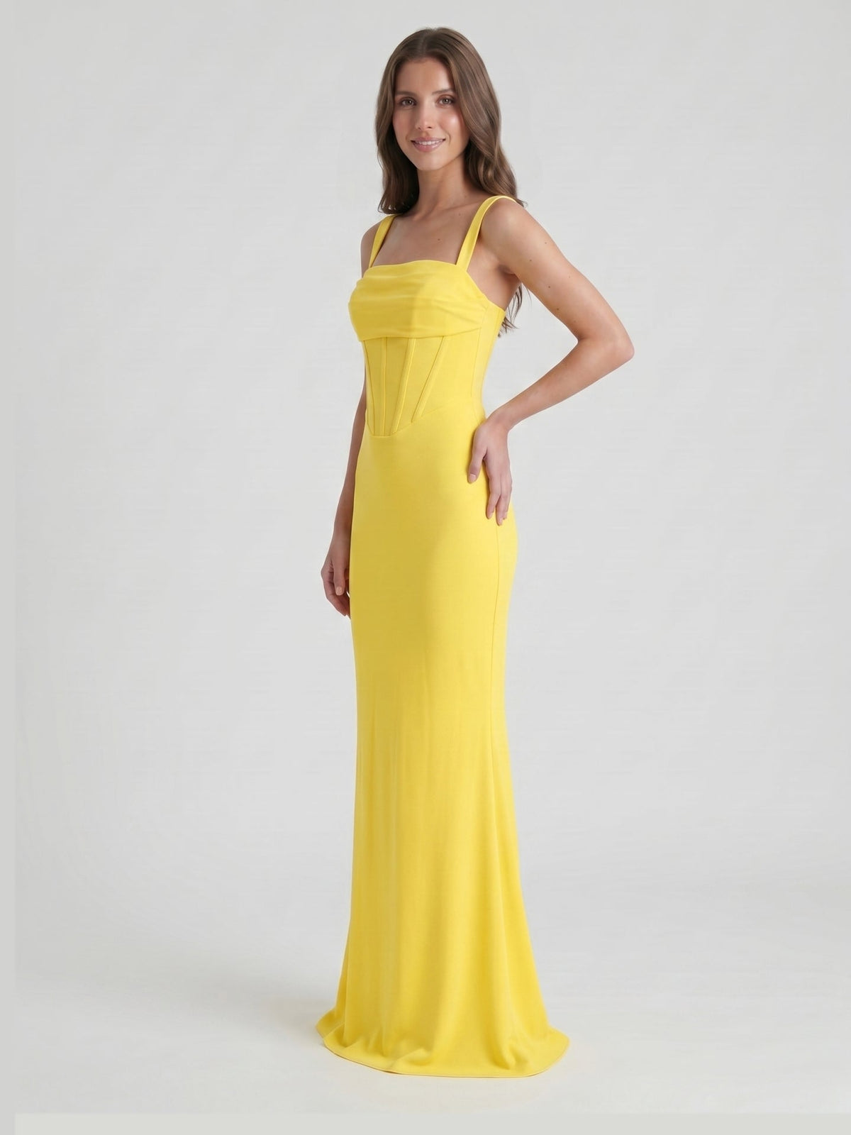 Lemon Stretch Knit Sheath Square Neck Corset Back Floor Bridesmaid Dress with Pleats - Curvevia