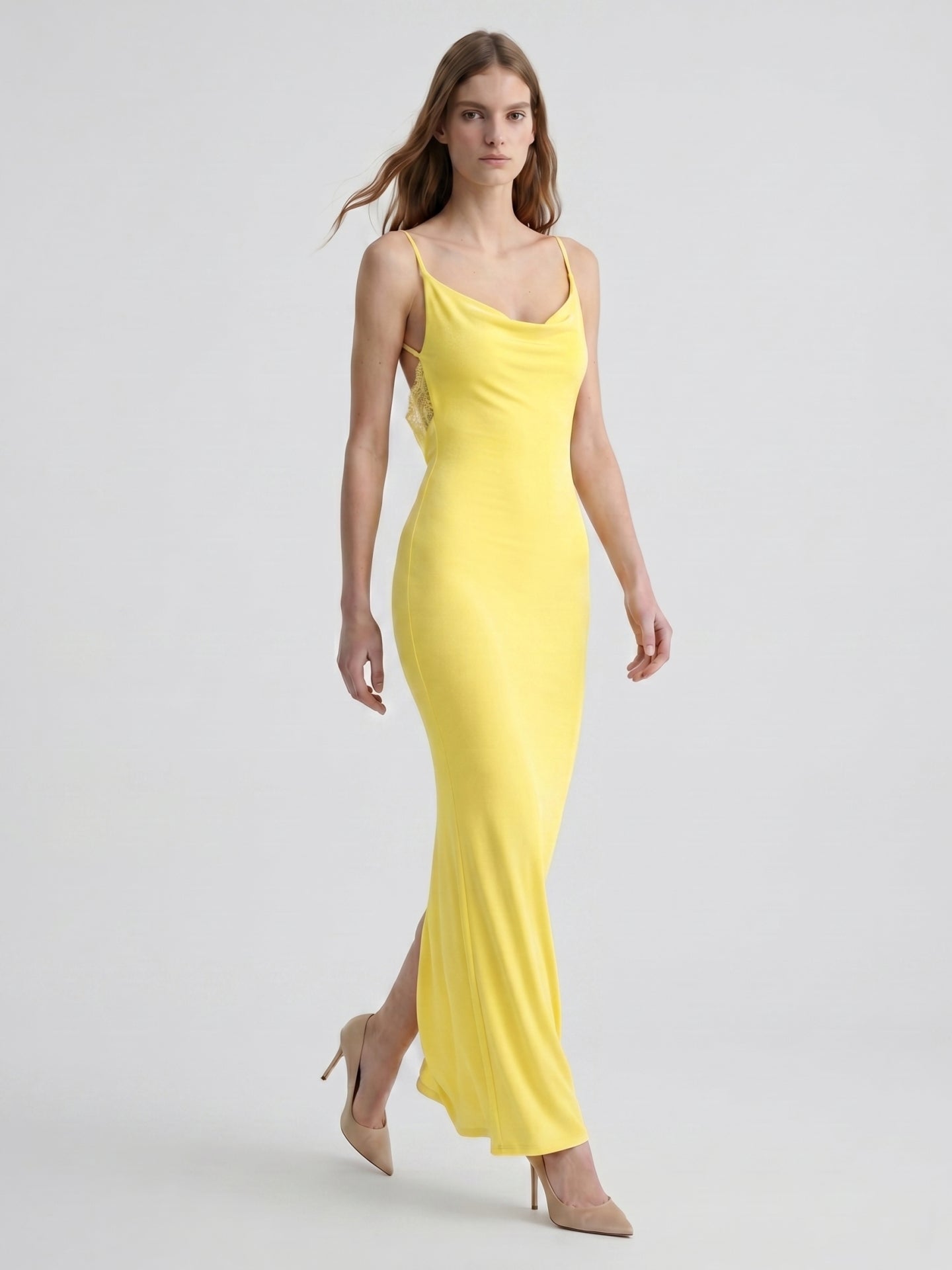 Lemon Stretch Knit Sheath V-Neck Backless Ankle-Length Bridesmaid Dress - Curvevia