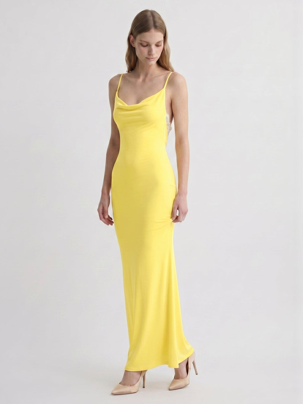 Lemon Stretch Knit Sheath V-Neck Backless Ankle-Length Bridesmaid Dress - Curvevia