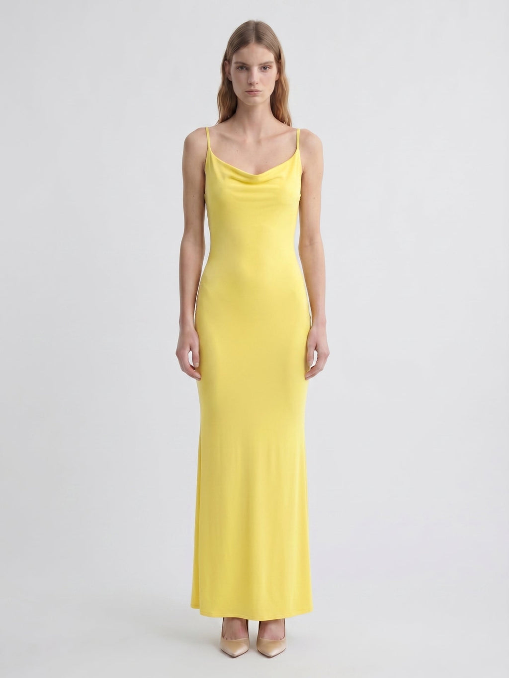 Lemon Stretch Knit Sheath V-Neck Backless Ankle-Length Bridesmaid Dress - Curvevia