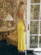 Lemon Stretch Knit Sheath V-Neck Backless Ankle-Length Bridesmaid Dress - Curvevia