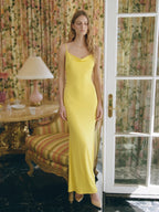 Lemon Stretch Knit Sheath V-Neck Backless Ankle-Length Bridesmaid Dress - Curvevia