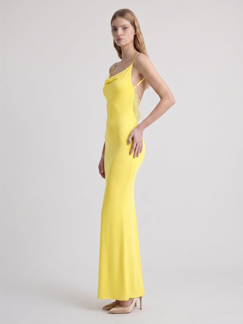Lemon Stretch Knit Sheath V-Neck Backless Ankle-Length Bridesmaid Dress - Curvevia