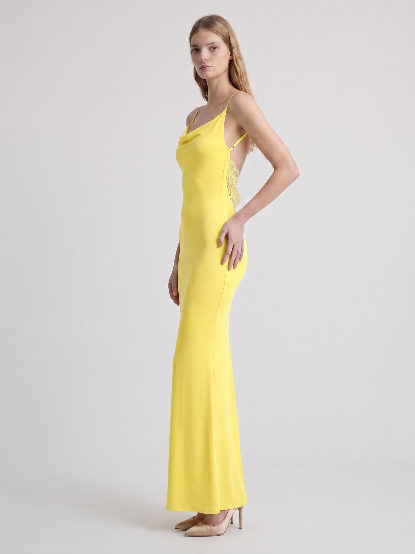 Lemon Stretch Knit Sheath V-Neck Backless Ankle-Length Bridesmaid Dress - Curvevia