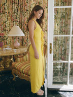 Lemon Stretch Knit Sheath V-Neck Backless Ankle Bridesmaid Dress with 3D Flower - Curvevia