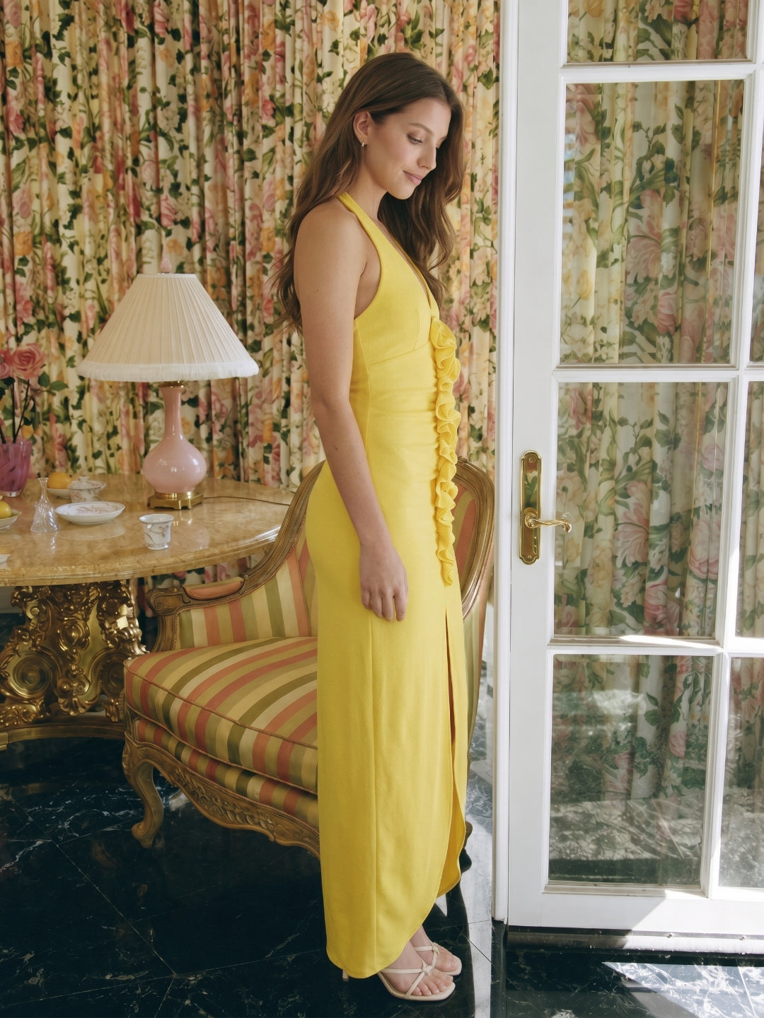 Lemon Stretch Knit Sheath V-Neck Backless Ankle Bridesmaid Dress with 3D Flower - Curvevia