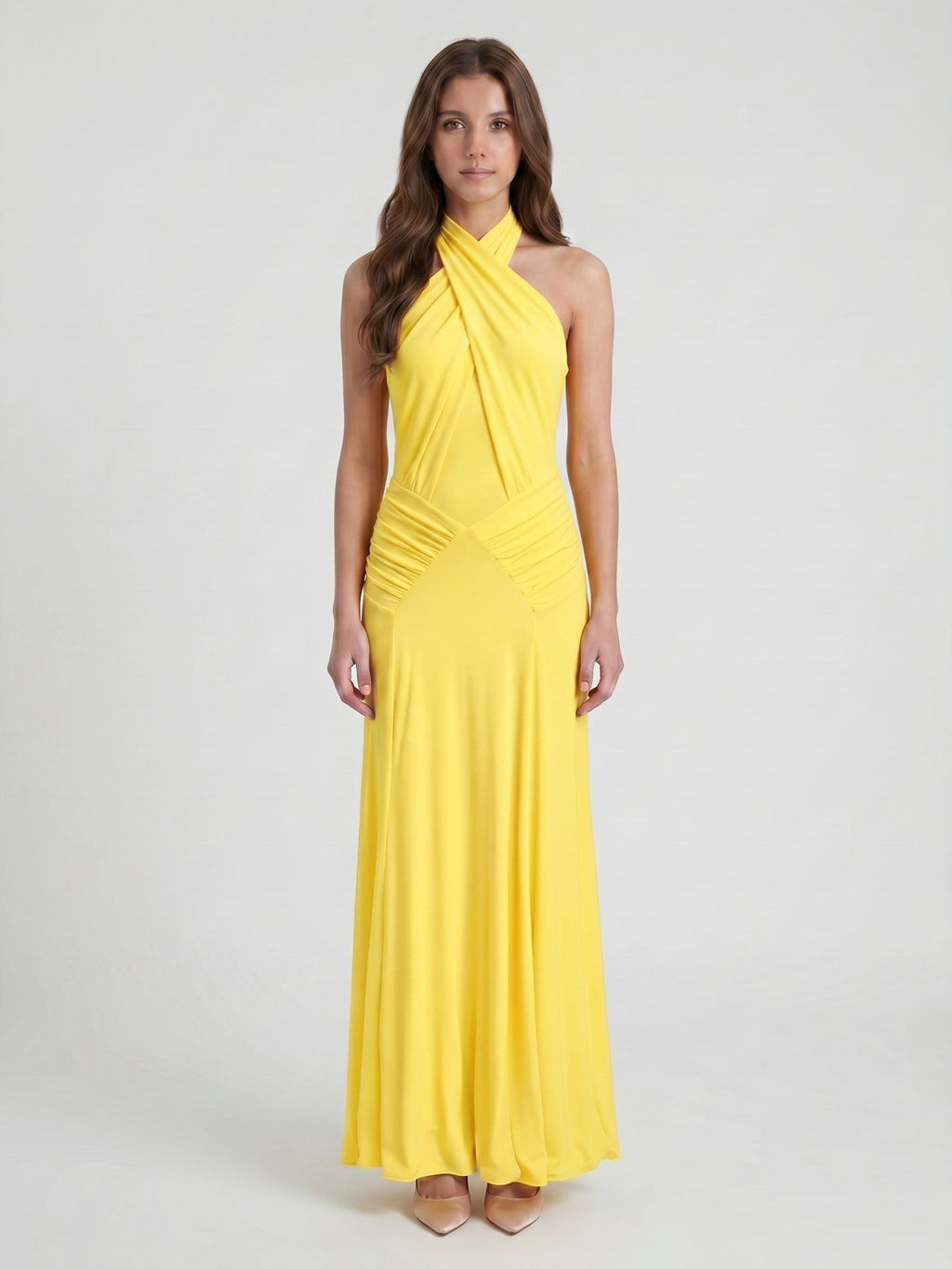 Lemon Stretch Knit Trumpet Halter Backless Floor-Length Bridesmaid Dress with Pleats - Curvevia