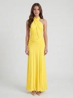 Lemon Stretch Knit Trumpet Halter Backless Floor-Length Bridesmaid Dress with Pleats - Curvevia