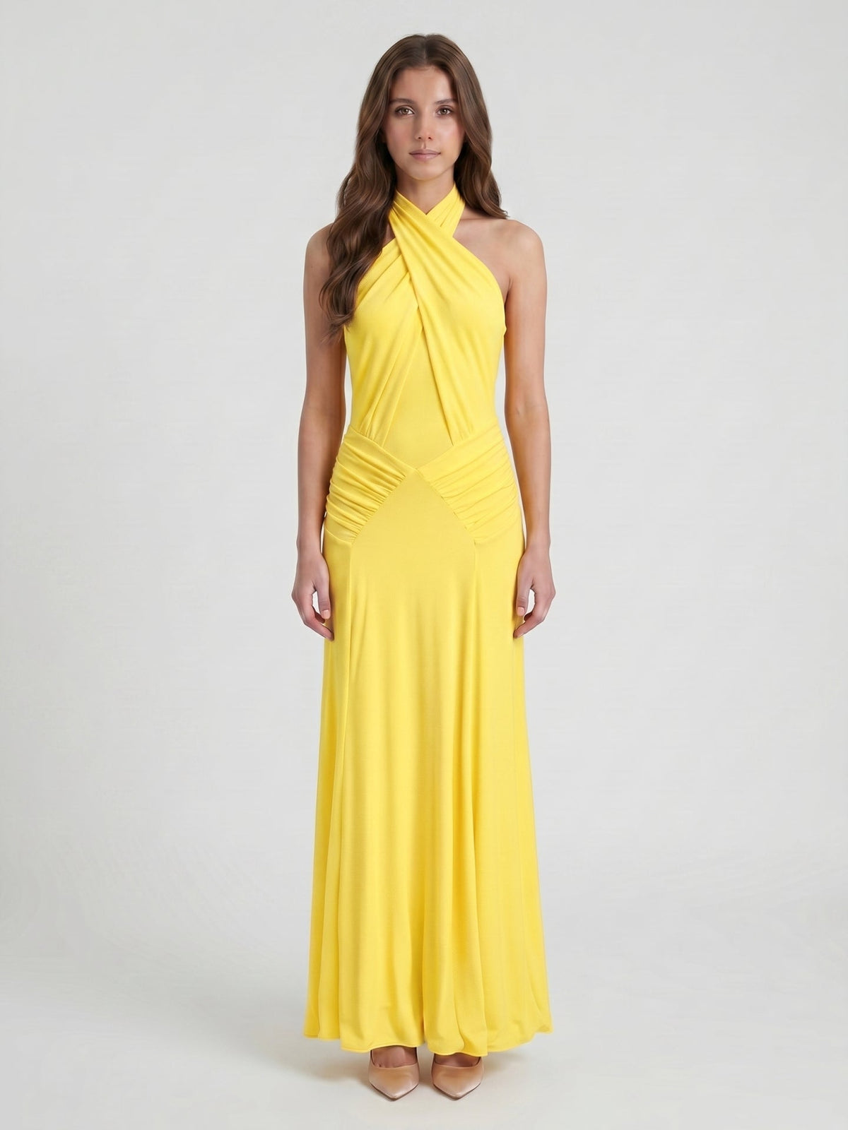 Lemon Stretch Knit Trumpet Halter Backless Floor-Length Bridesmaid Dress with Pleats - Curvevia