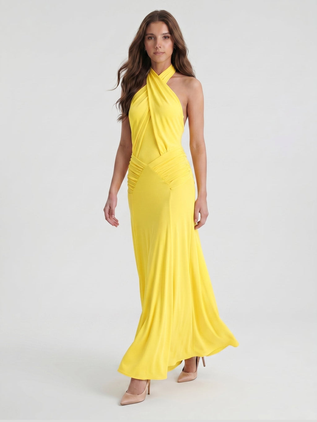 Lemon Stretch Knit Trumpet Halter Backless Floor-Length Bridesmaid Dress with Pleats - Curvevia