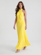 Lemon Stretch Knit Trumpet Halter Backless Floor-Length Bridesmaid Dress with Pleats - Curvevia