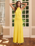 Lemon Stretch Knit Trumpet Halter Backless Floor-Length Bridesmaid Dress with Pleats - Curvevia