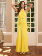 Lemon Stretch Knit Trumpet Halter Backless Floor-Length Bridesmaid Dress with Pleats - Curvevia