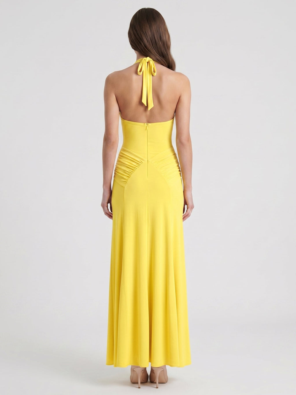 Lemon Stretch Knit Trumpet Halter Backless Floor-Length Bridesmaid Dress with Pleats - Curvevia