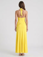 Lemon Stretch Knit Trumpet Halter Backless Floor-Length Bridesmaid Dress with Pleats - Curvevia