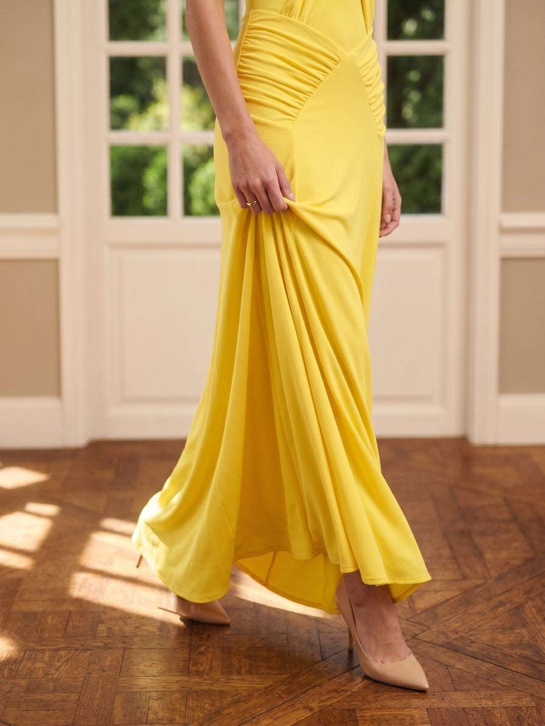 Lemon Stretch Knit Trumpet Halter Backless Floor-Length Bridesmaid Dress with Pleats - Curvevia