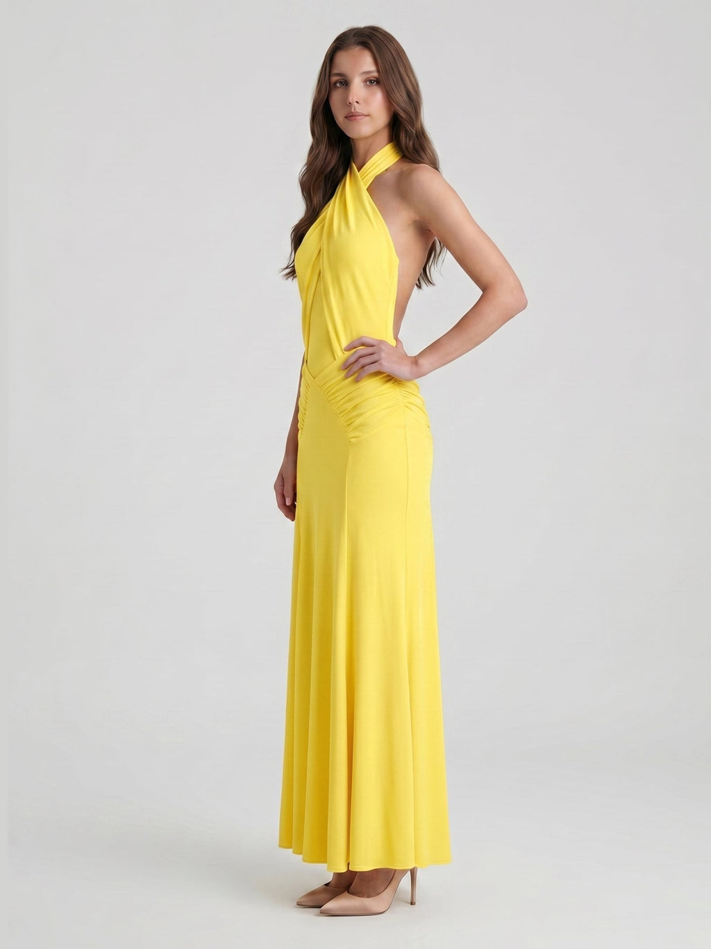 Lemon Stretch Knit Trumpet Halter Backless Floor-Length Bridesmaid Dress with Pleats - Curvevia