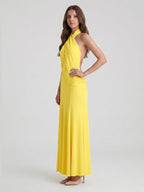 Lemon Stretch Knit Trumpet Halter Backless Floor-Length Bridesmaid Dress with Pleats - Curvevia
