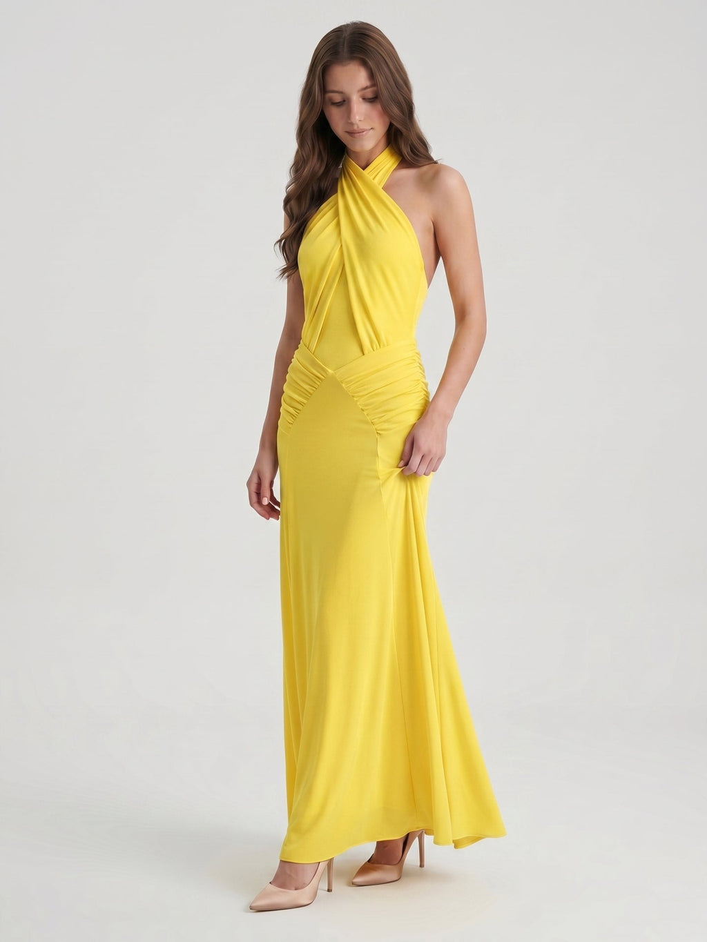 Lemon Stretch Knit Trumpet Halter Backless Floor-Length Bridesmaid Dress with Pleats - Curvevia