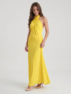 Lemon Stretch Knit Trumpet Halter Backless Floor-Length Bridesmaid Dress with Pleats - Curvevia
