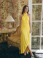 Lemon Stretch Knit Trumpet Halter Backless Floor-Length Bridesmaid Dress with Pleats - Curvevia