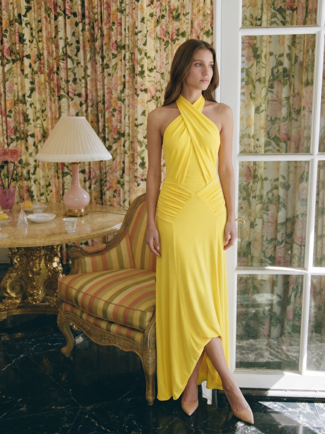 Lemon Stretch Knit Trumpet Halter Backless Floor-Length Bridesmaid Dress with Pleats - Curvevia