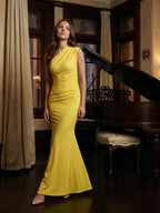 Lemon Stretch Knit Trumpet One Shoulder Backless Ankle-Length Bridesmaid Dress with Pleats - Curvevia