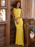 Lemon Stretch Knit Trumpet Scoop Neck Keyhole Back Floor Bridesmaid Dress with 3D Flower - Curvevia