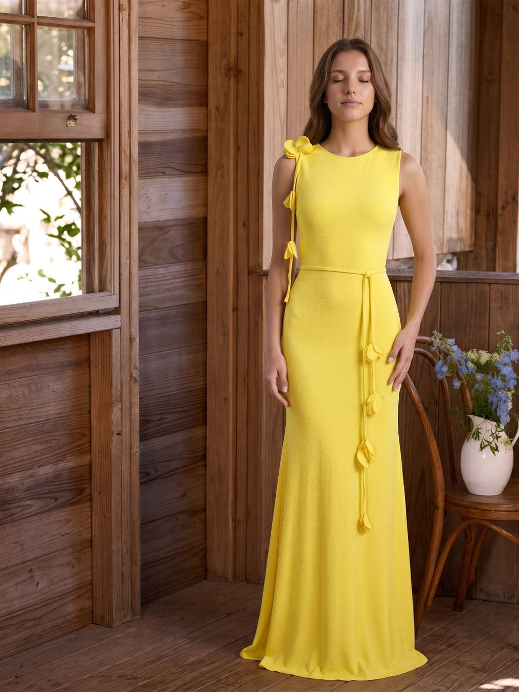 Lemon Stretch Knit Trumpet Scoop Neck Keyhole Back Floor Bridesmaid Dress with 3D Flower - Curvevia