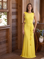 Lemon Stretch Knit Trumpet Scoop Neck Keyhole Back Floor Bridesmaid Dress with 3D Flower - Curvevia