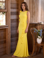Lemon Stretch Knit Trumpet Scoop Neck Keyhole Back Floor Bridesmaid Dress with 3D Flower - Curvevia