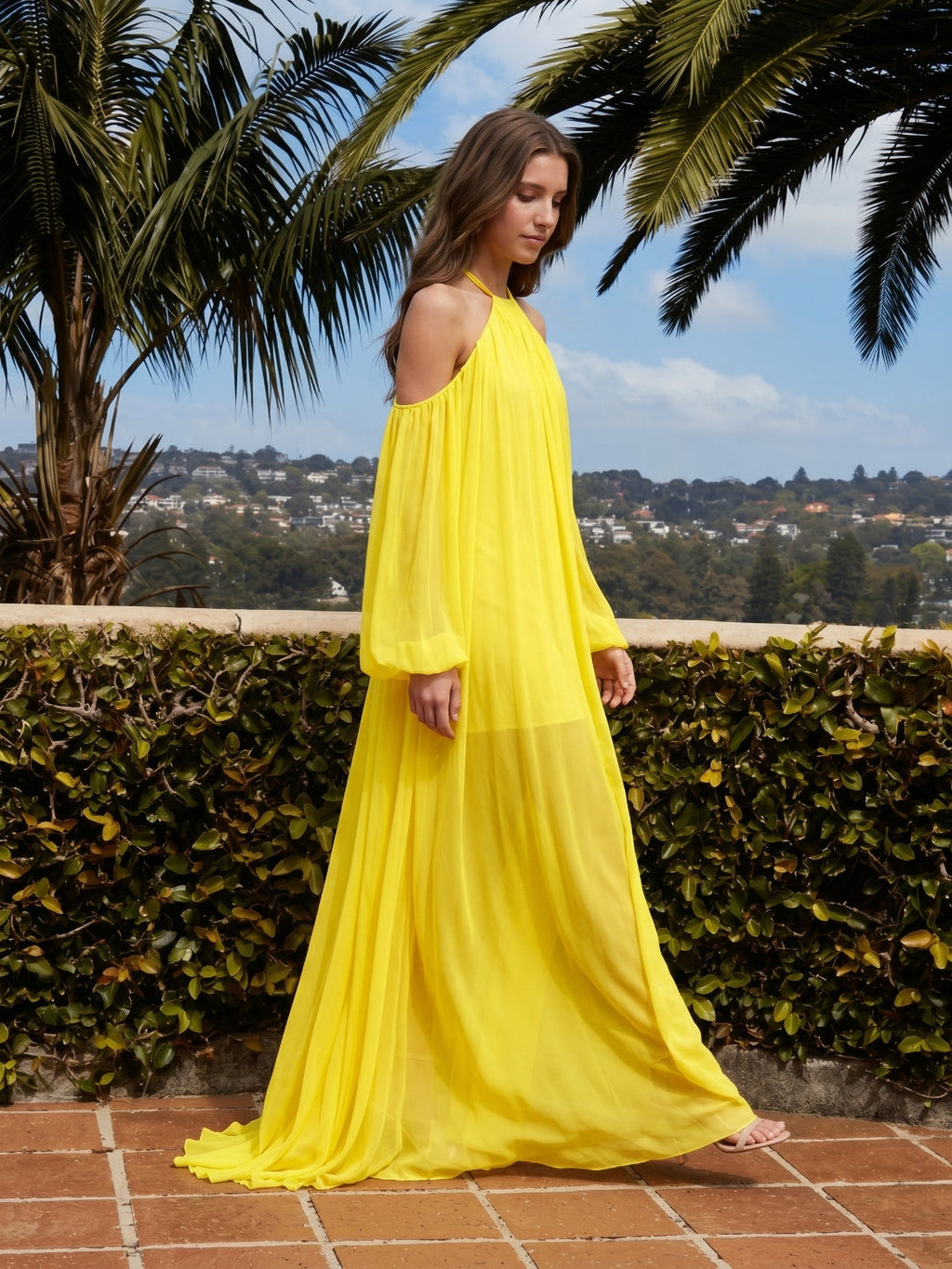 Lemon Tulle A-Line Halter Backless Floor Bridesmaid Dress with Pleats - Curvevia