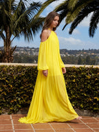 Lemon Tulle A-Line Halter Backless Floor Bridesmaid Dress with Pleats - Curvevia