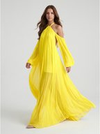 Lemon Tulle A-Line Halter Backless Floor Bridesmaid Dress with Pleats - Curvevia