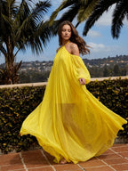 Lemon Tulle A-Line Halter Backless Floor Bridesmaid Dress with Pleats - Curvevia