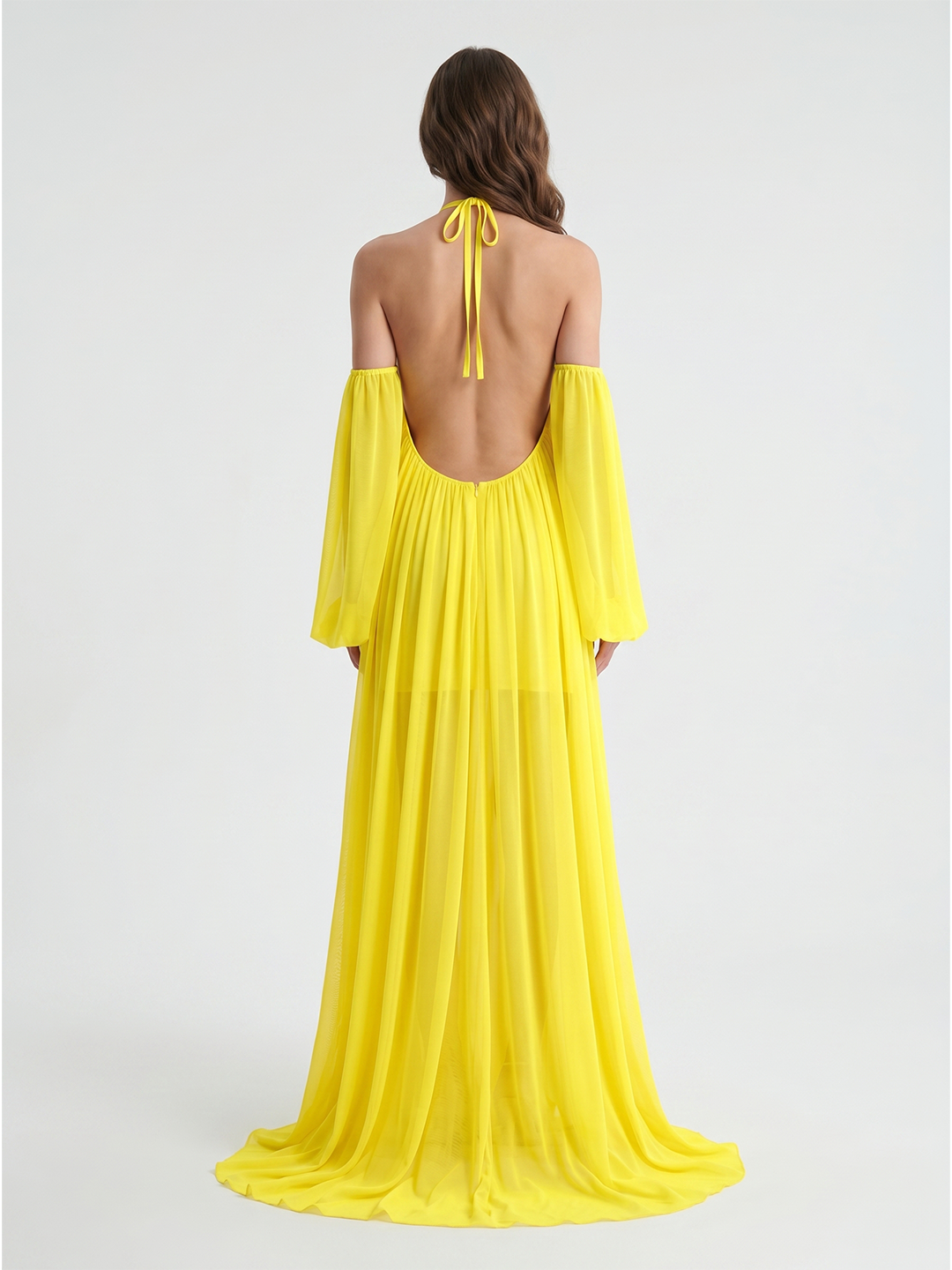 Lemon Tulle A-Line Halter Backless Floor Bridesmaid Dress with Pleats - Curvevia